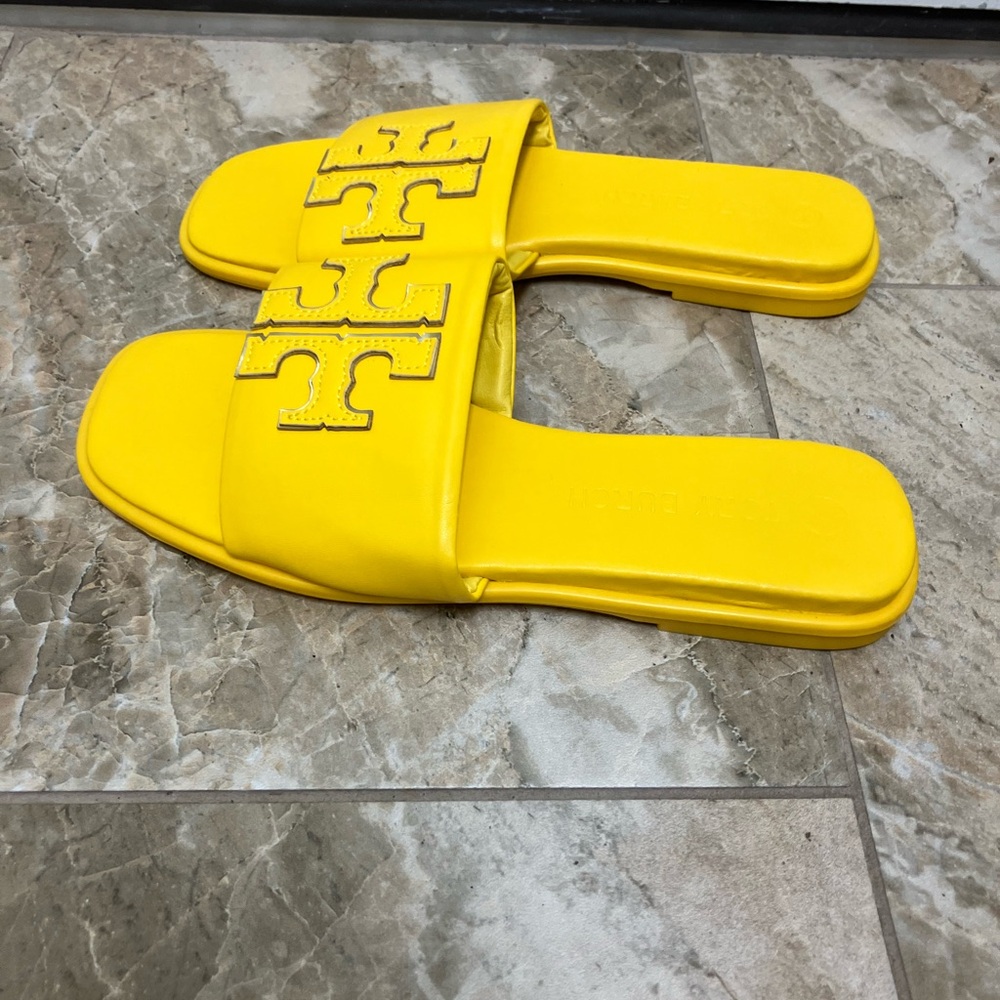 Tory Burch Double T Sport Women's Leather Slide Sandals Yellow Mustard SIZE 9.5 - Picture 5 of 8